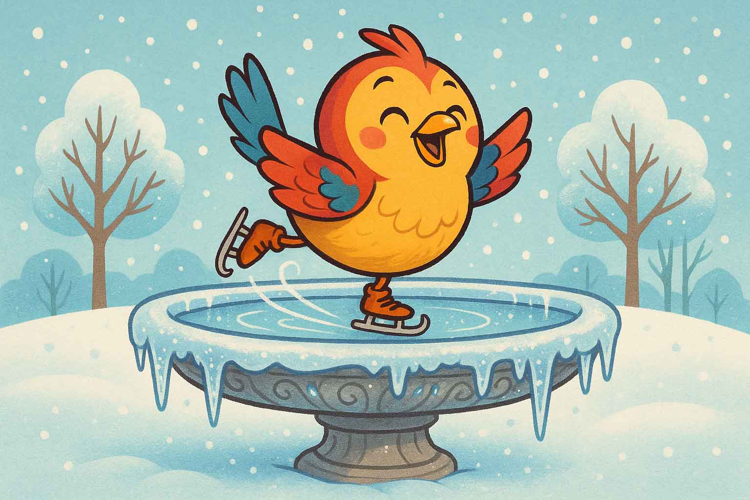 Cartoon bird ice skating on a frozen pond with a snowy landscape.