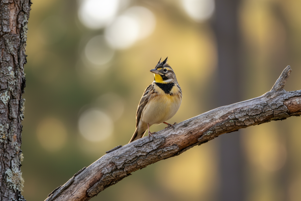 a photorealistic and accurate horned lark on a tree branch with a blurred forest background