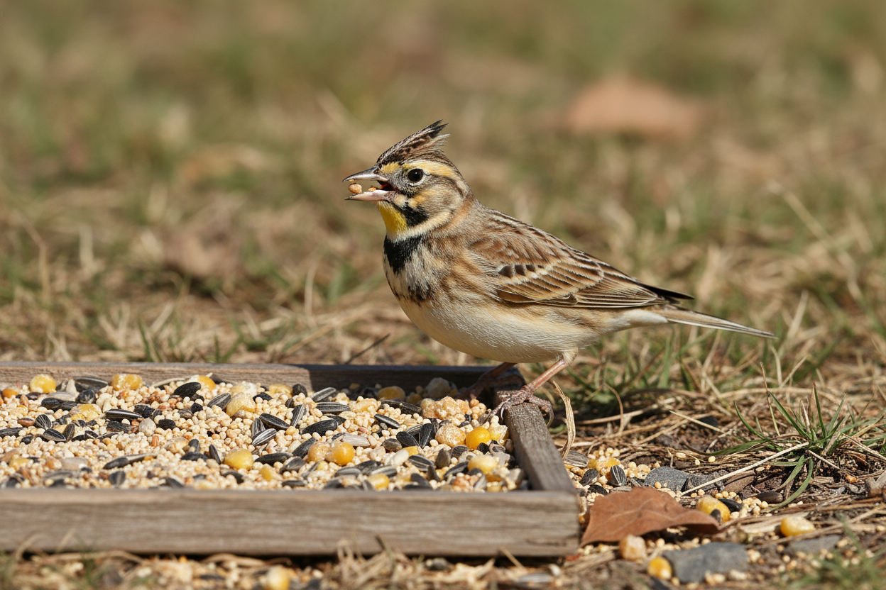 wild bird seed in a tray feeder on the ground with a horned lark feeding from it, hyper realistic photograph quality