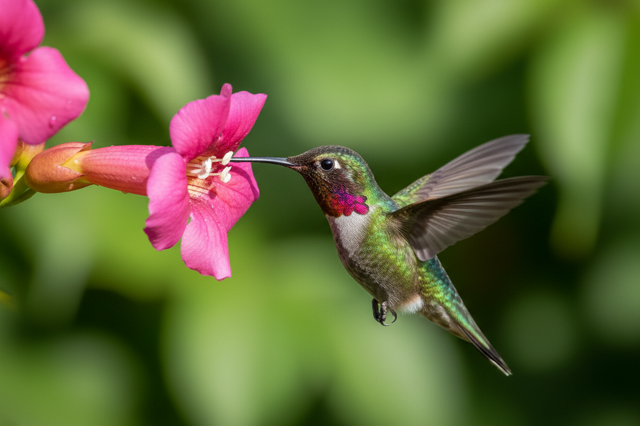 A hummingbird feeding from a flower, photorealistic and very accurate
