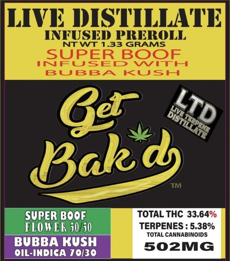 Bak'd Infused 1.33g Pre Roll (Super Boof x Bubba Kush) - image 1