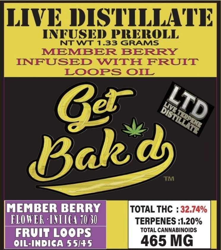 Bak'd Infused 1.33g Pre Roll (Member Berry x Fruit Loops) - image 1