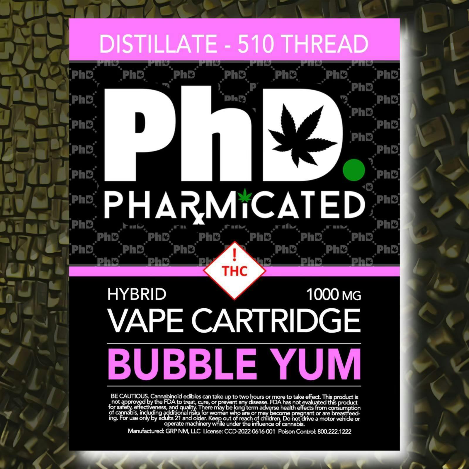 Pharmicated 510 Thread Vape Cart - 1000 mg - Bubble Yum (H) - image 1