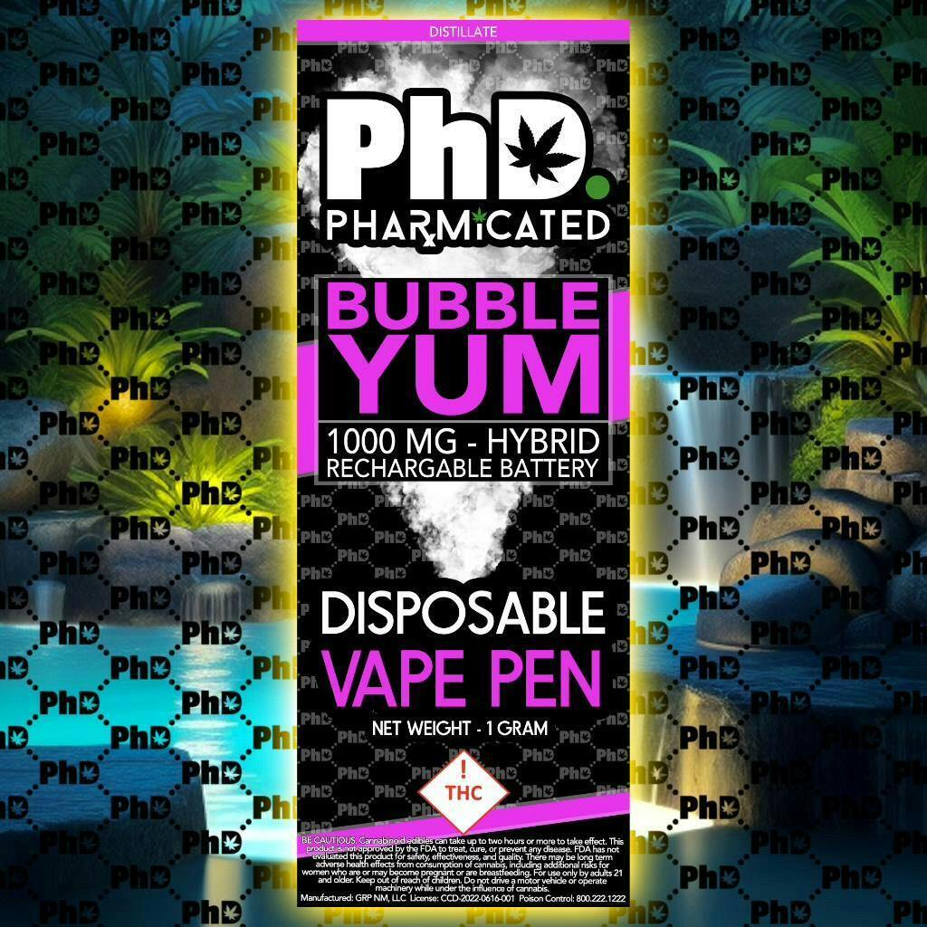 PhD Disposable D9 Vape Cart- 1000 mg - Bubble Yum (H) - image 1