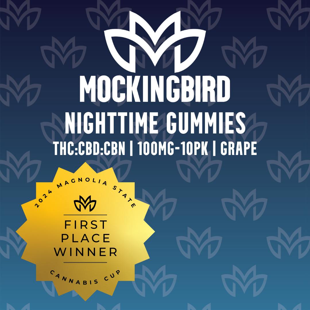 Mockingbird Gummies: Nighttime THC:CBD:CBN Grape 100mg-10pk - image 1